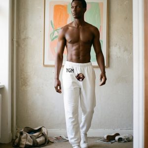 White YGM Sweatpants w/ black horizontal print